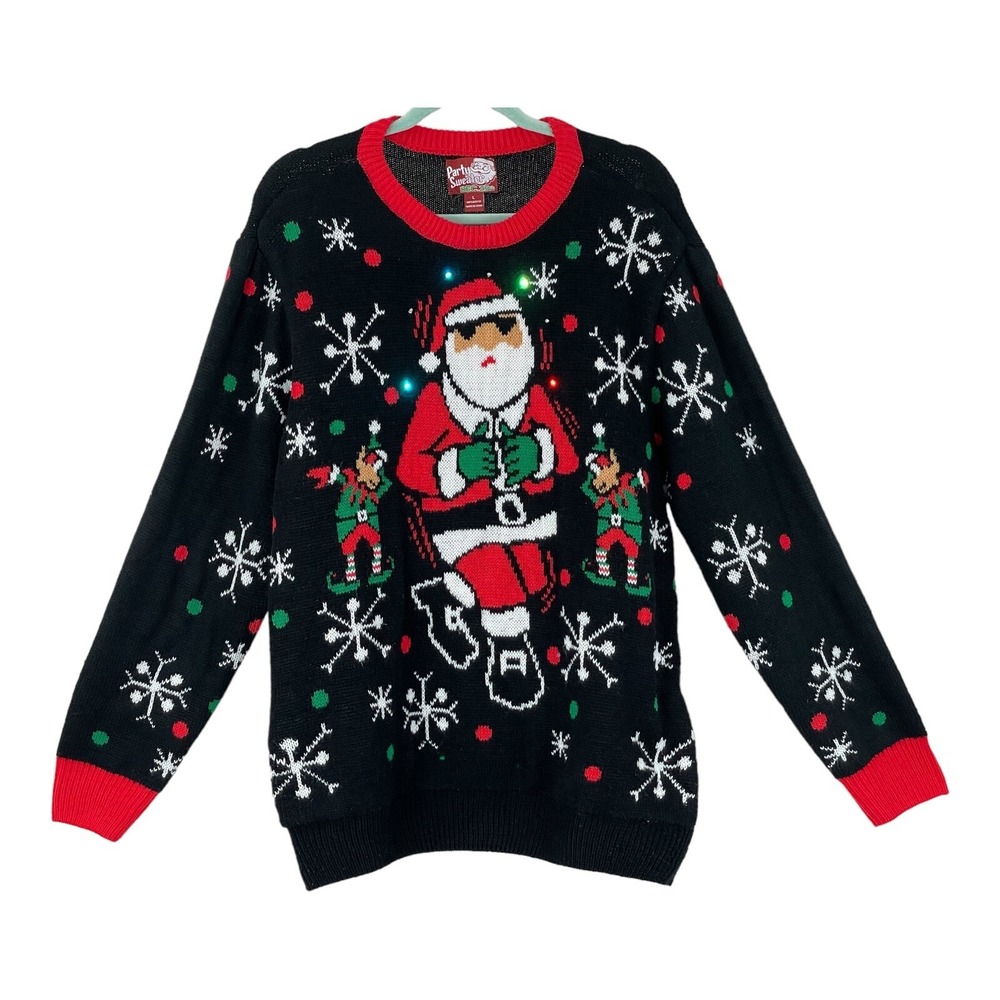 PARTY SWEATER Ugly Christmas Sweater Cool Santa Mens Sz L LIGHTS‎ WORK GREAT!